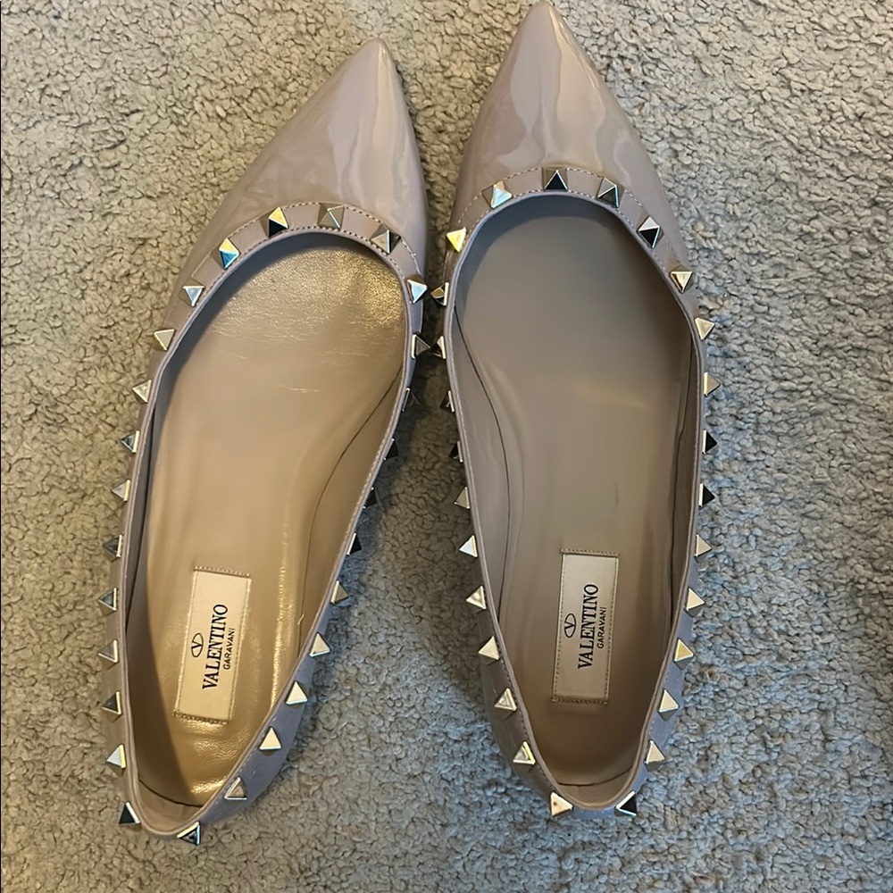 Valentino Cream Flats with Pointed Toe and Metallic Studs